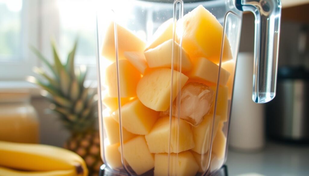 Blending frozen fruit in a high-powered blender for a pineapple smoothie